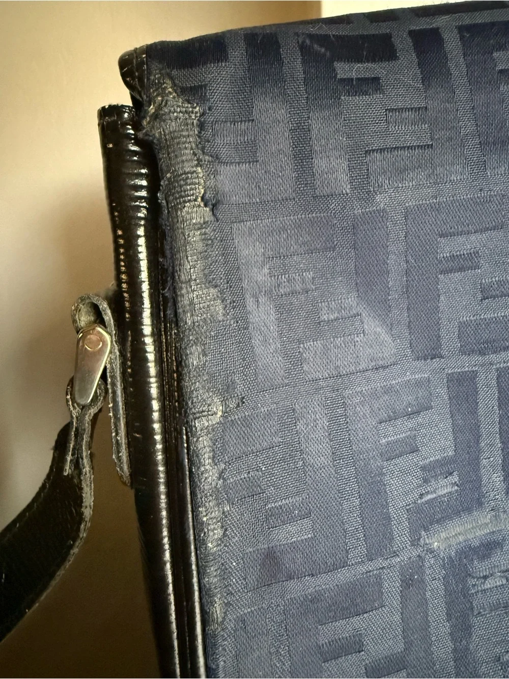 Fendi Vintage circa 90s Navy Blue Canvas Shoulder Bag with Black Leather Trim - Picture 13 of 16